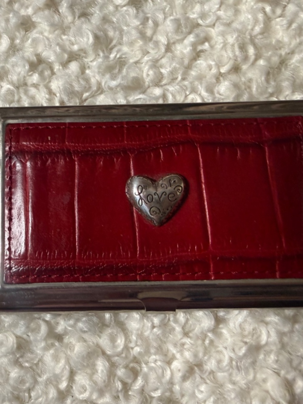 Brighton Love Beat Card Case Red Embossed Italian Leather Silver Tone Heart
